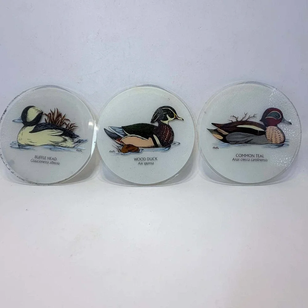 Vintage Zaffo Glass Duck Coasters Set of 3 Wood Duck Buffle Head Common Teal